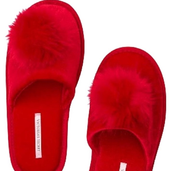 NWT Victoria Secret Red Pom Pom Slippers - Picture 3 of 8